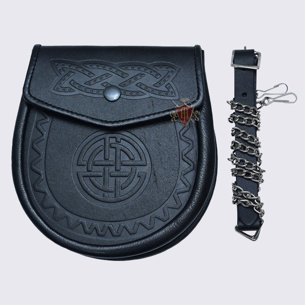 Black Real Plain Leather Sporran with Celtic Embossed