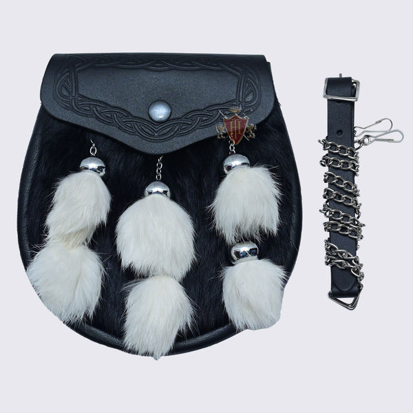 Black Rabbit Fur with 6 White Rabbit Tassels Embossed on Flap