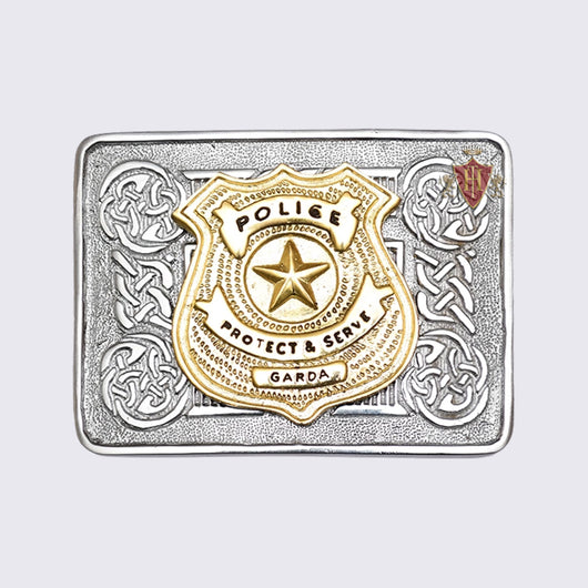 Scottish Celtic Design Chrome Buckle With Brass Police Protect & Serve Garda Badge