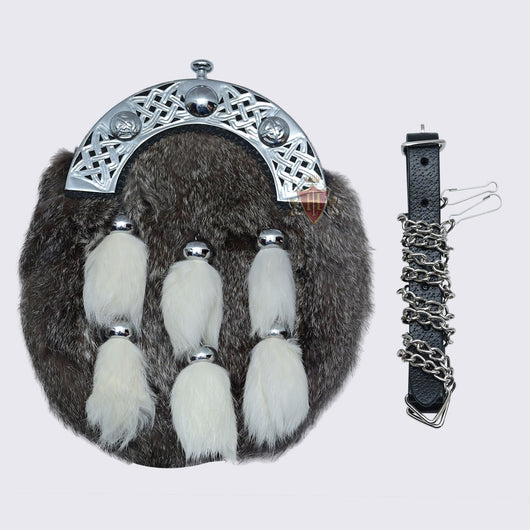 Celtic Love Knot Gray Rabbit Fur Full Dress Sporran with six White Fur Tassels