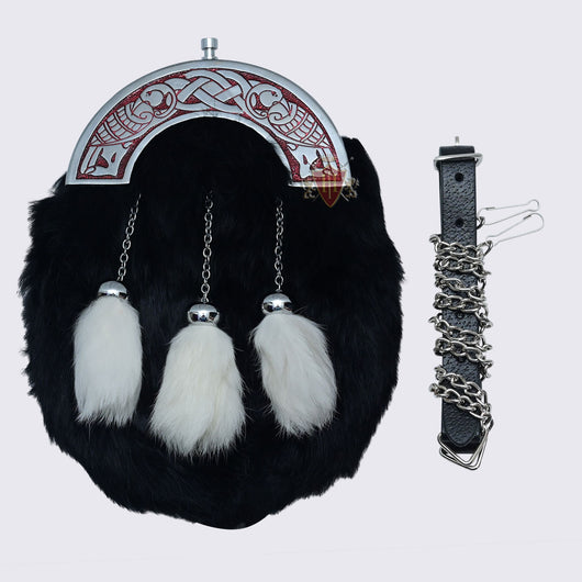 Celtic Heron Bird Red color filled Cantle Black and white Rabbit Hair sporran Three Tassels