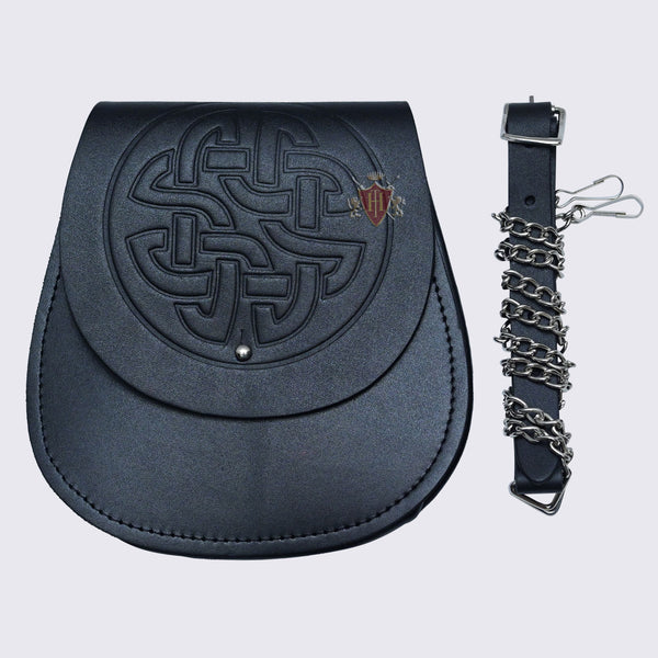 Dara knot Embossed Black Leather Day Wear button Sporrans With Celtic Design on Flap