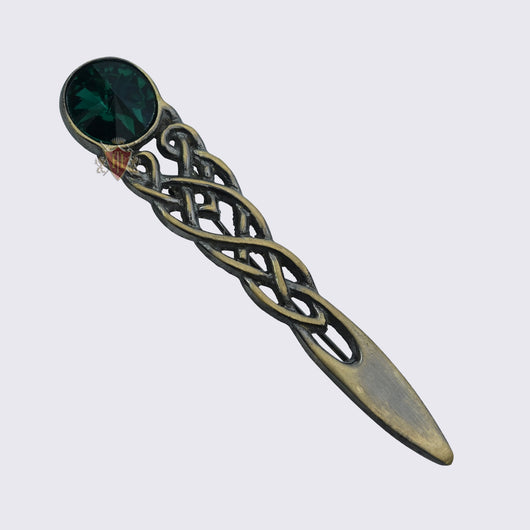 Celtic Knot With Green Stone Brass Antique Kilt Pin