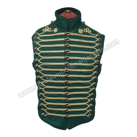 Men’s Steampunk Military Army Hussar Waistcoat Dull Green with Antique Gold Braiding