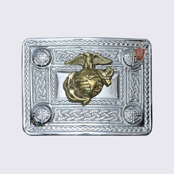 Scottish Celtic Design Chrome Buckle With Brass Us Marine Badge