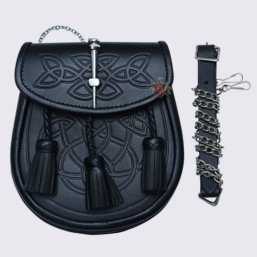 Scottish Embossed with Key lock Black Leather Day Wear Sporran