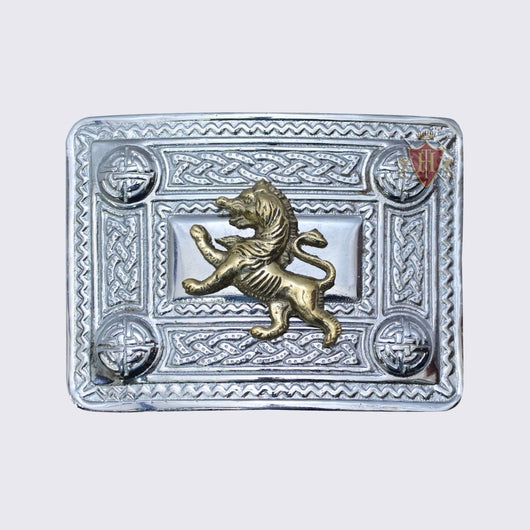 Scottish Celtic Design Chrome Buckle With Brass Rampart lion Badge