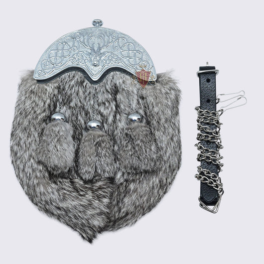 Stag Cantle Full Dress Sporran Multi Gray Rabbit Fur Sporran three tassels Chromed Metal Parts