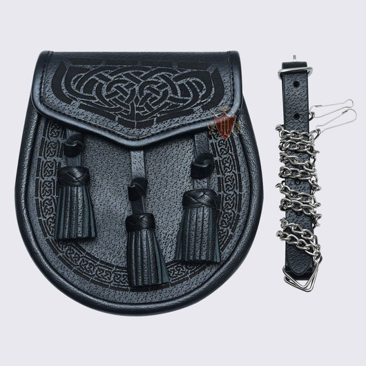 Lasered engraved Celtic and circular knot Embossed Black Leather Day Wear Sporran Three Tassels