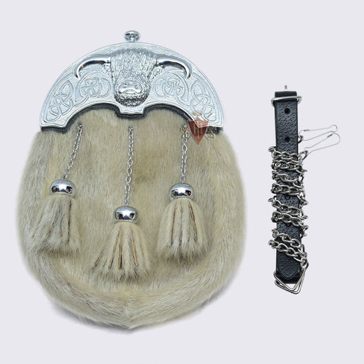 Coo OX Cantle Chrome Cantle Ivory Skin Sporran with three Tassels