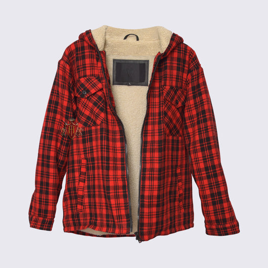 Lumberjack Sherpa Wool Fabric Lined Red/Black  Tartan Hoodies