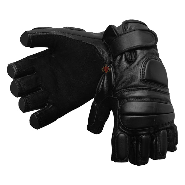 Hugger Fingerless Black Leather Gloves w/Gel Padded Palms - Driving, Motorcycle Riding, Police, Outdoor