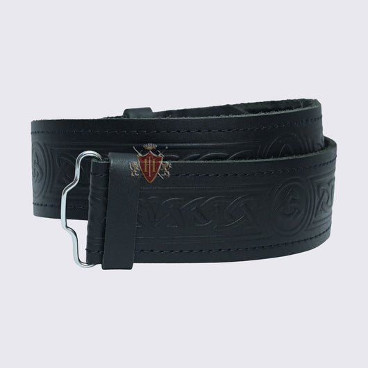 Celtic Embossed Black Leather Kilt Belt with Velcro Closing