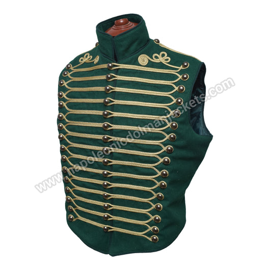 Men’s Steampunk Military Army Hussar Waistcoat Dull Green with Antique Gold Braiding