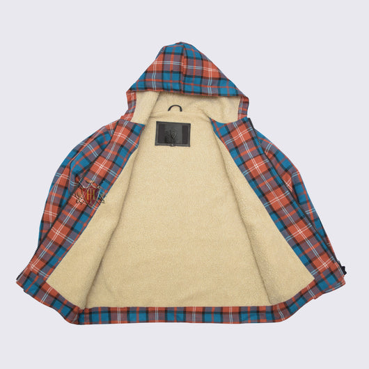 Lumberjack Sherpa Wool Fabric Lined Coral/Paleblue  Tartan Hoodies