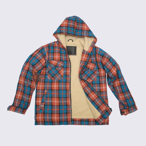 Lumberjack Sherpa Wool Fabric Lined Coral/Paleblue  Tartan Hoodies